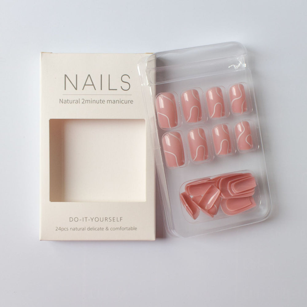 Fashion Finished Nail Beauty Women's Fashion Finished Nail Beauty featuring 24 pink fake nails with white abstract swirl design, ideal for stylish manicures. Includes glue for easy application, perfect for enhancing women's nail fashion.