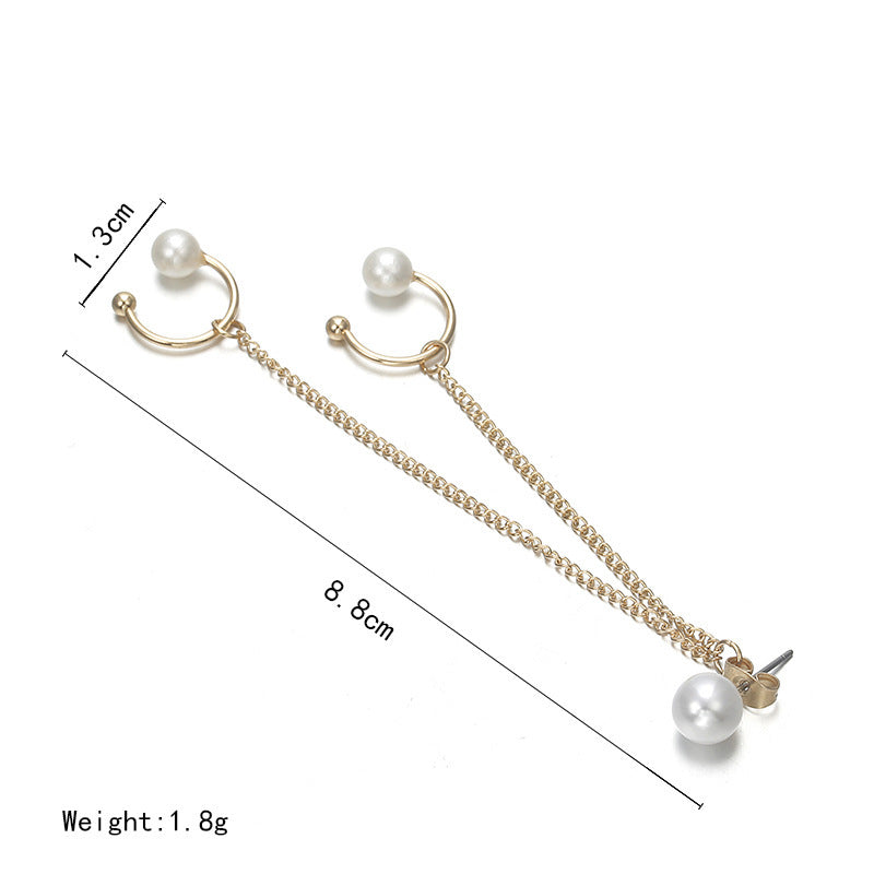Korean Fashion Street Beauty Pearl Earrings featuring a geometric design with dual chains connecting a pearl stud and upper ear cuff. Trendy female ear jewelry.